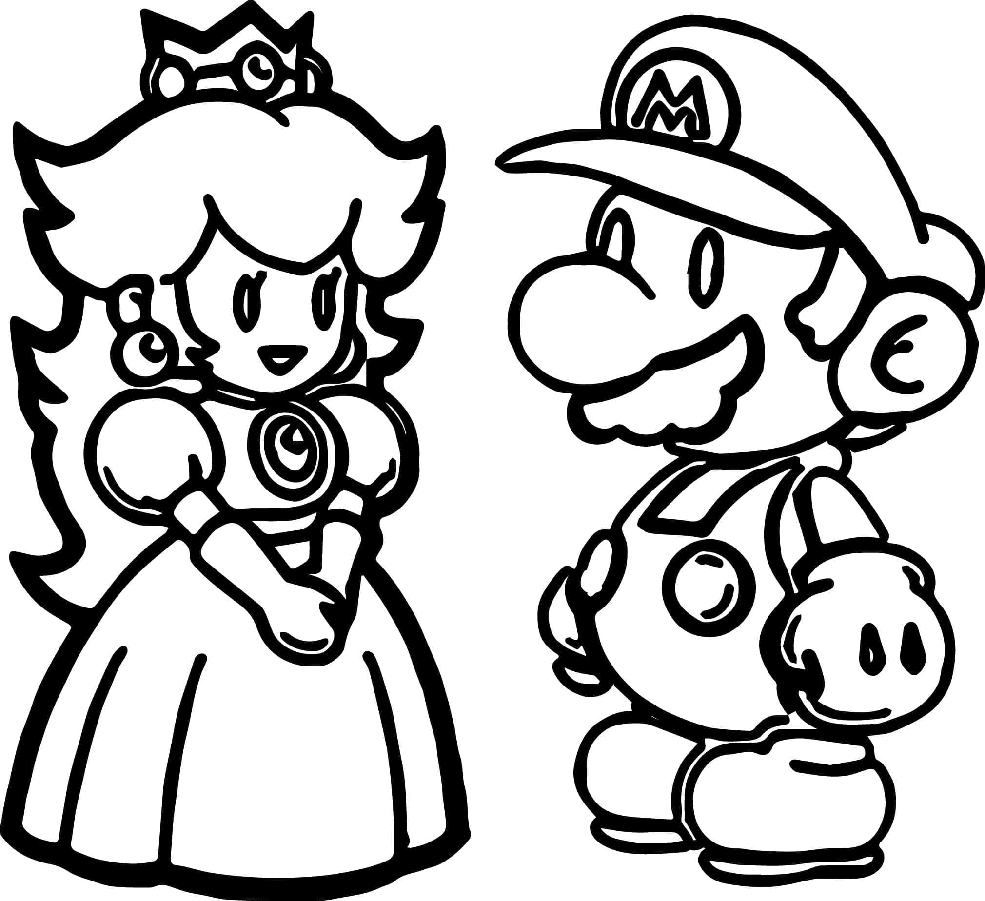 Chibi princess peach and mario coloring page