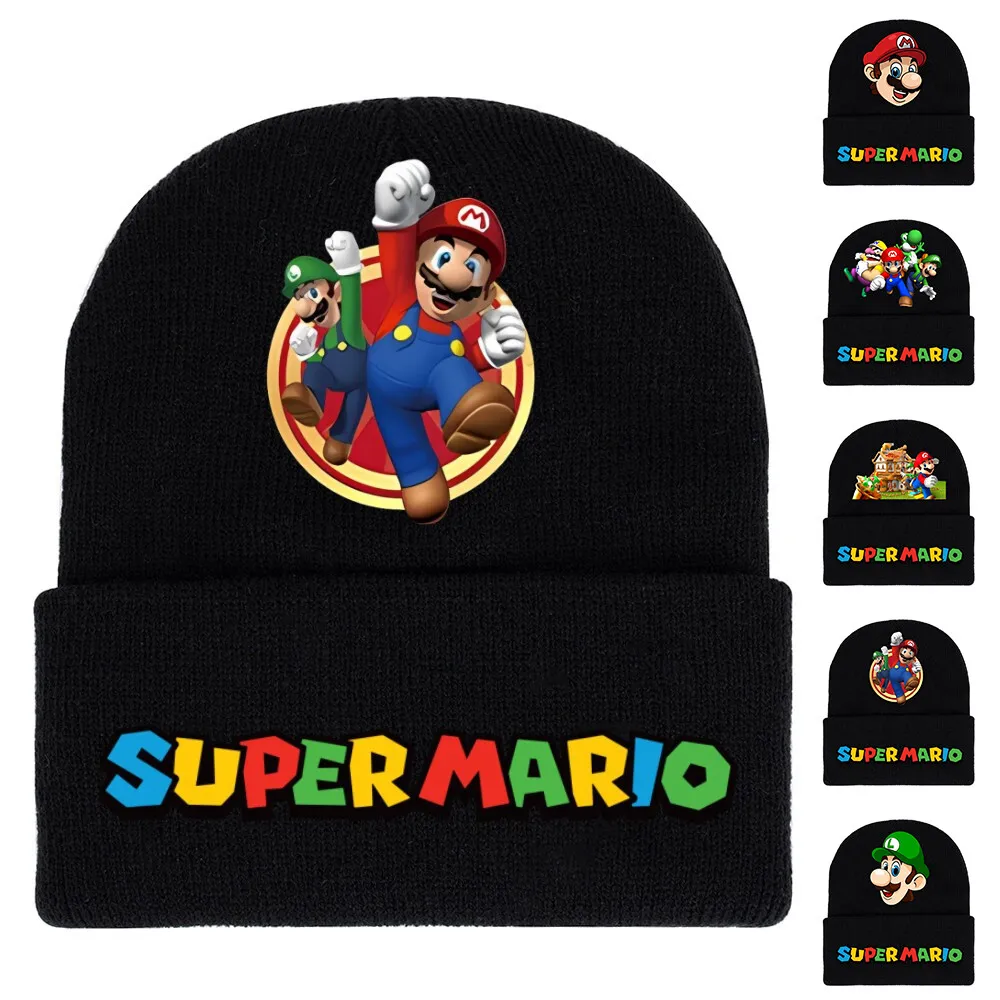 Super mario black print simple woolen ear protection winter warmer knitted hats