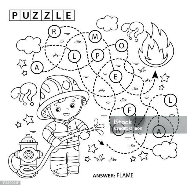 Coloring page outline of cartoon fireman or firefighter with a megaphone or horn and fire extinguisher profession coloring book for kids stock illustration