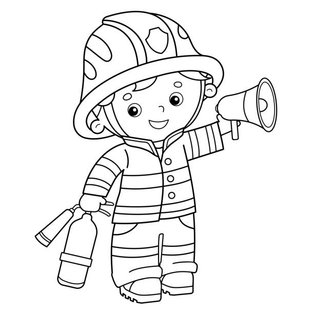 Coloring page outline of cartoon fireman or firefighter with a megaphone or horn and fire extinguisher profession coloring book for kids stock illustration