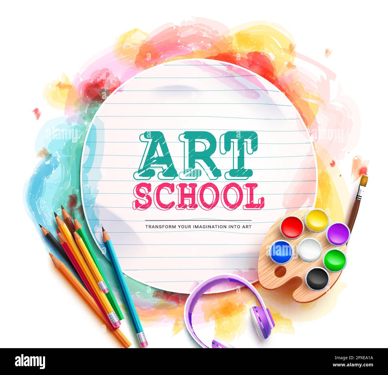 School art text vector template art school in empty paper space with coloring and drawing materials vector illustration back to school design stock vector image art