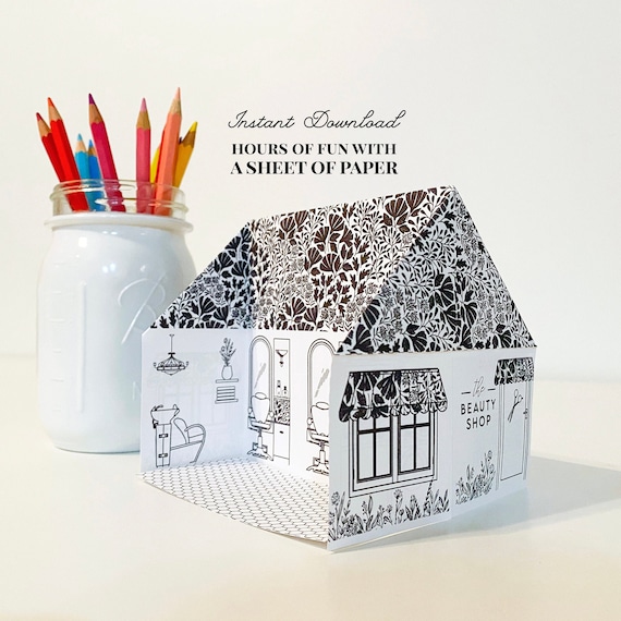 Printable origami beauty shop paper dollhouse coloring page kids activity instant download paper village paper craft download now