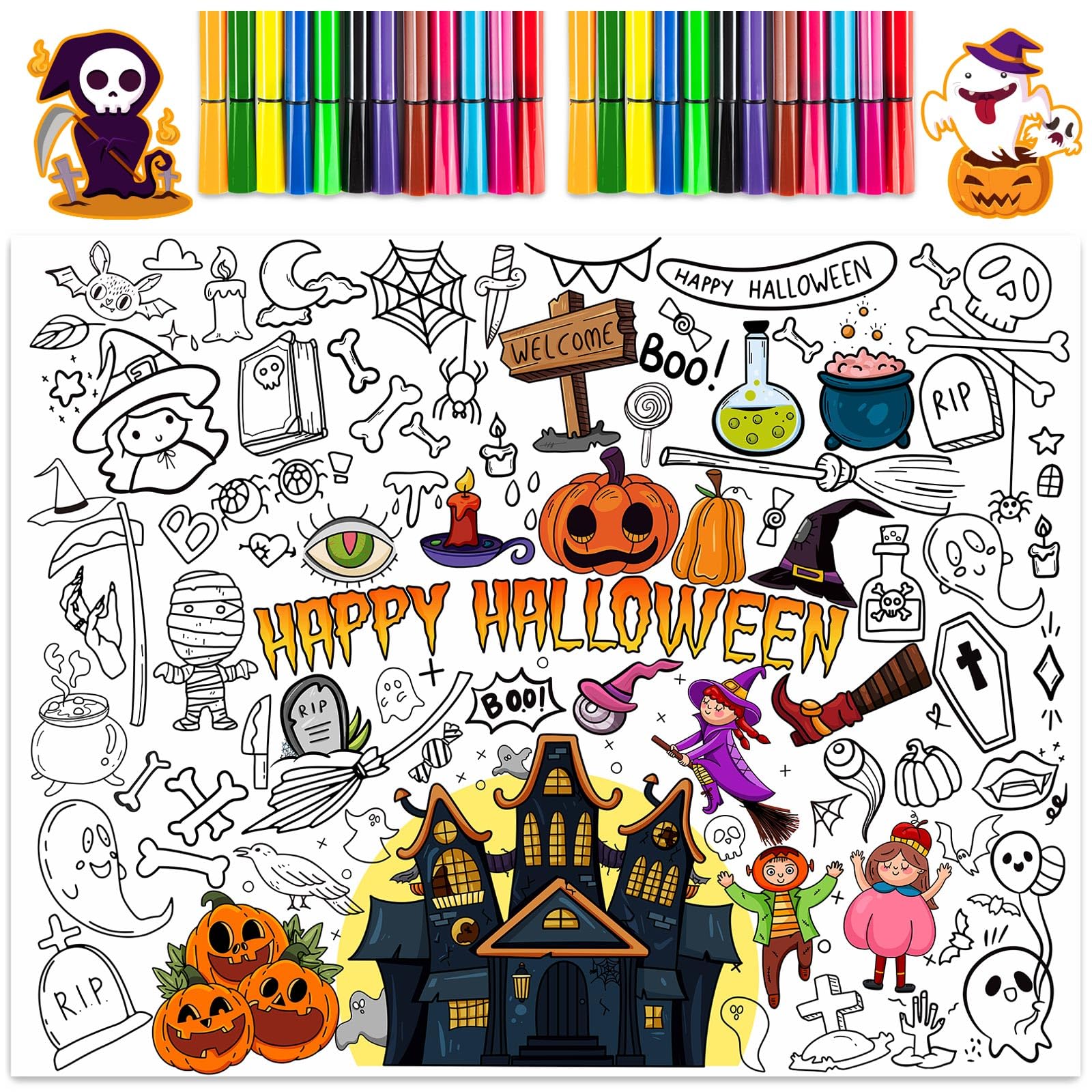 Halloween giant coloring poster with pcs paint pens x inch jumbo coloring poster with pumpkin huge coloring paper large coloring sheets for halloween school home birthday party