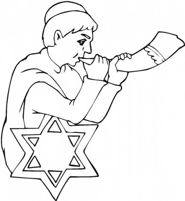 A little kid blow shofar in rosh hashanah coloring page