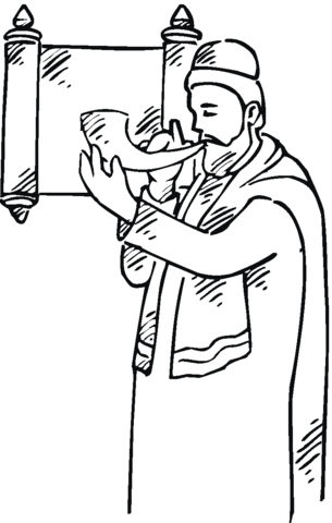 Man with a shofar near scroll coloring page free printable coloring pages