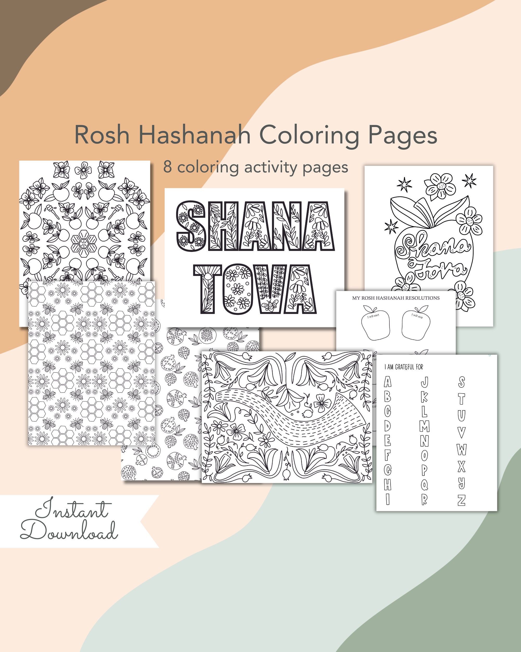 Rosh hashanah coloring book shana tova printable coloring pages pdf instant download ll jewish holidays set