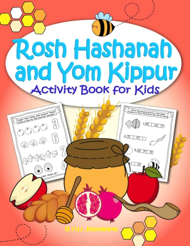 Rosh hashanah and yom kippur activity book for kids coloring pages mazes wordsearch with religious jewish symbols shofar dreidels for children ages tishrei holiday with jewish toddler book jashanafar little