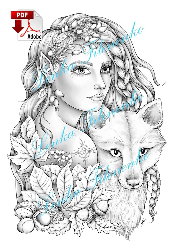 Coloring page for adults elf with a fox grey scale pdf download and print