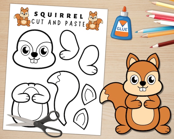 Printable squirrel craft template forest animal craft fall activities color cut and paste paper squirrel instant download