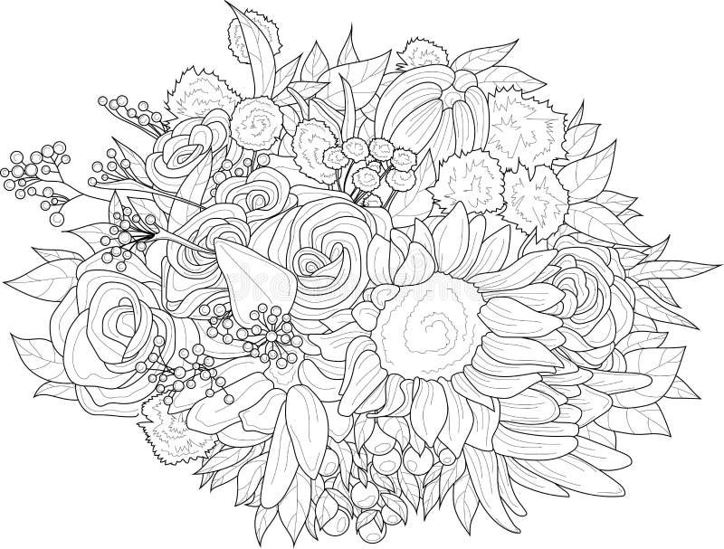 Mix flowers bouquet with roses and sunflower sketch vector illustration in black and white stock vector