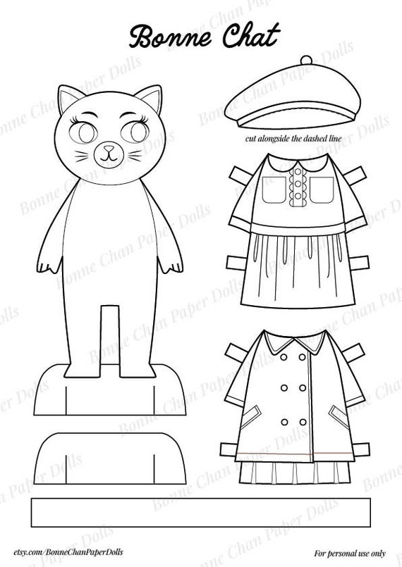 Animal cat paper doll printable pdf craft kit instant download kid craft paper toys coloring pages bonne chan