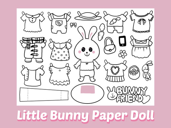 Cute bunny printable paper dolldigital downloadcoloring paper doll pdfpaper toysfun activitiesactivity sheetprintable coloring page instant download