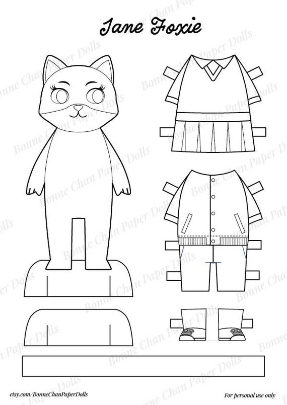 Animal fox paper doll printable pdf craft kit instant download kid craft paper toys coloring pages varsity americana college