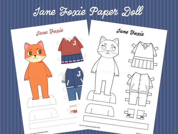 Animal fox paper doll printable pdf craft kit instant download kid craft paper toys coloring pages varsity americana college