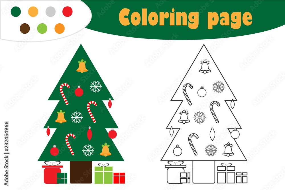 Xmas tree in cartoon style christmas coloring page education paper game for the development of children kids preschool activity printable worksheet vector illustration vector