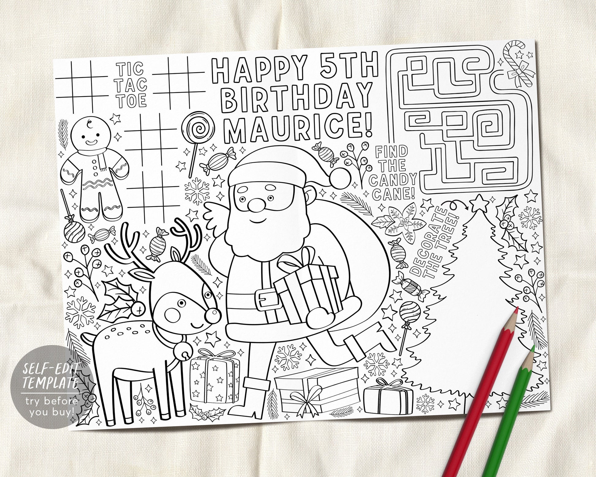 Santa birthday coloring page placemat for kids editable template pers â puff paper co