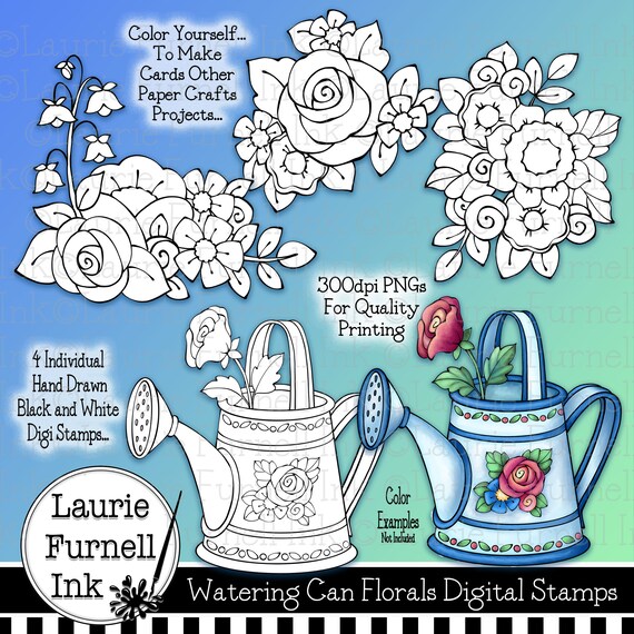 Floral digital stamps watering can digital stamp digi stamps adult coloring pages laurie furnell floral digi stamps cardmaking supply