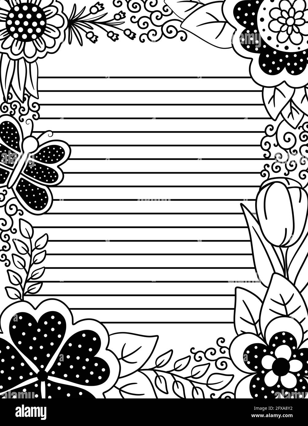 Adult coloring page with lines for writing with floral border of polka dots and butterflies stock vector image art