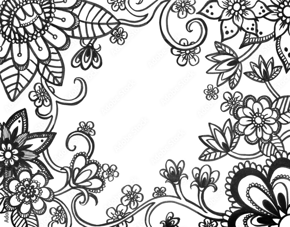 Adult coloring book page of abstract flower doodles on border hand drawn flowers sketched in black ink on white background with blank center for adding your own text floral wedding announcement