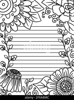 Adult coloring page with lines for writing with floral border of polka dots and butterflies stock vector image art