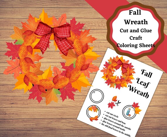 Printable fall leaf wreath craft for kids or fall paper decoration