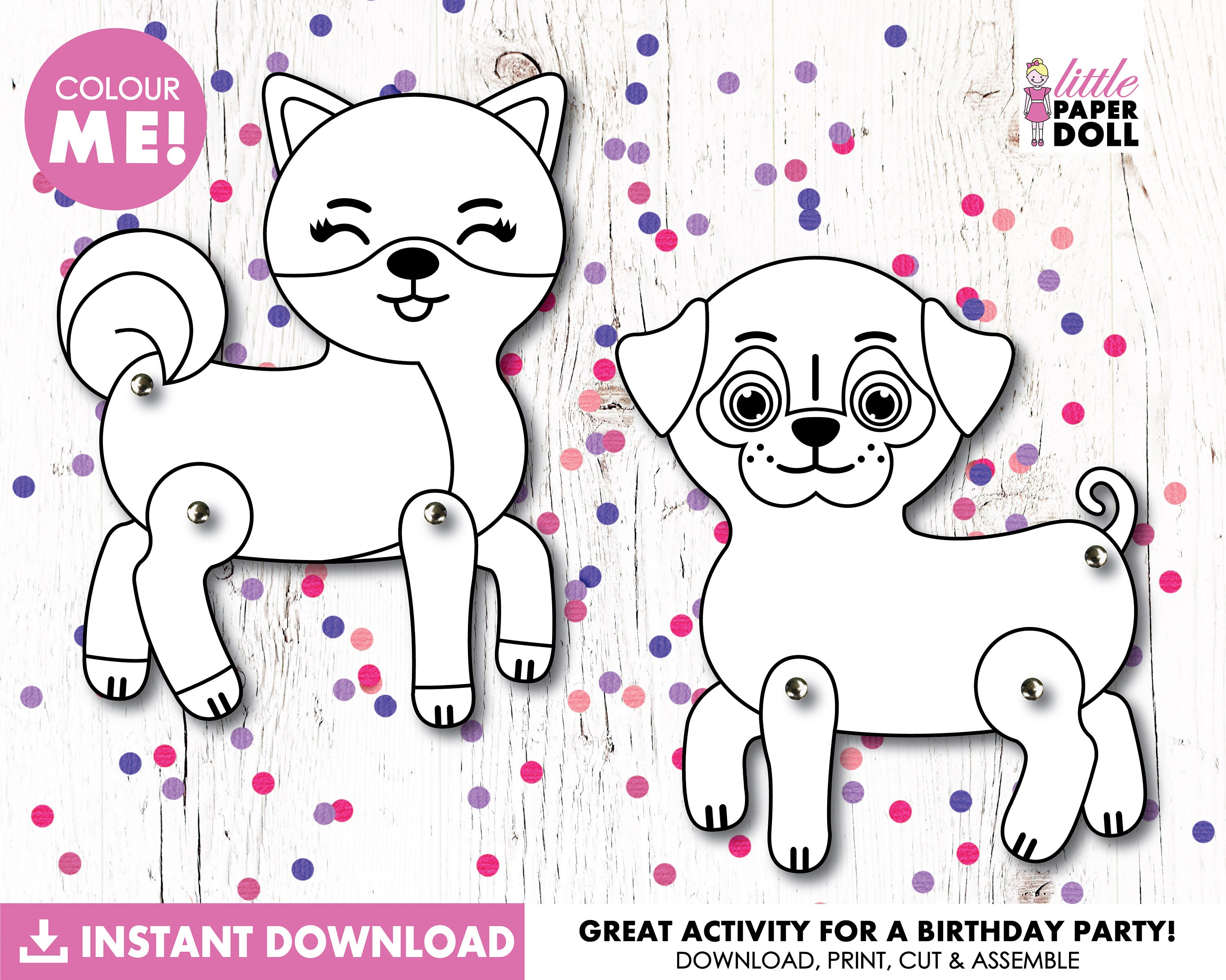 Dog paper doll instant download printable puppy dog coloring page dog birthday party activity kids puppy dog craft shiba dog pug dog