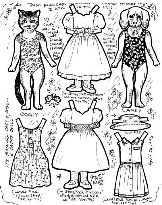 Girl dog and cat paper doll coloring page paper dolls paper dolls printable vintage paper dolls