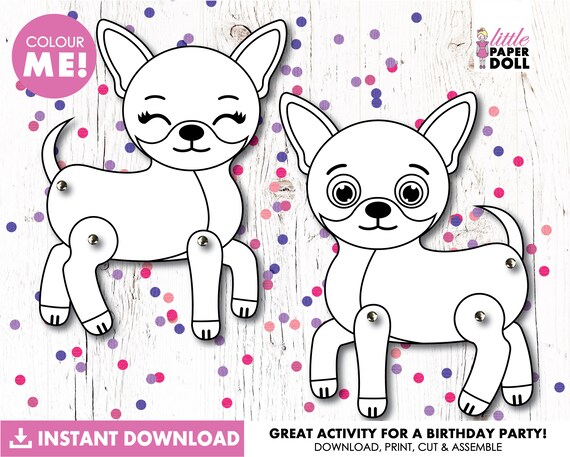 Dog paper doll instant download printable puppy dog coloring page dog birthday party activity kids craft boy chihuahua girl chihuahua