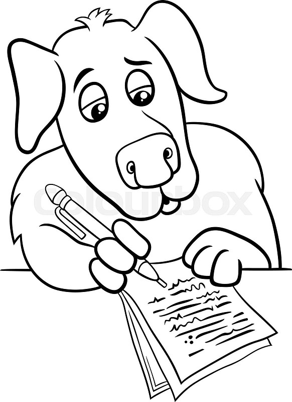 Cartoon writer or poet dog writting on paper coloring page stock vector