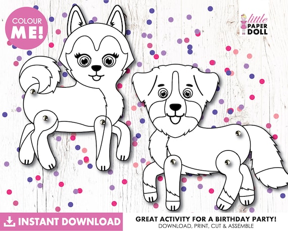 Dog paper doll instant download printable puppy dog coloring page dog birthday party activity husky dog bernese mountain dog