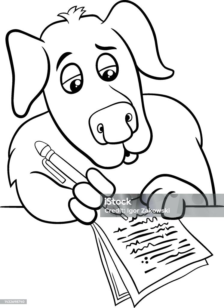 Cartoon writer or poet dog writting on paper coloring page stock illustration