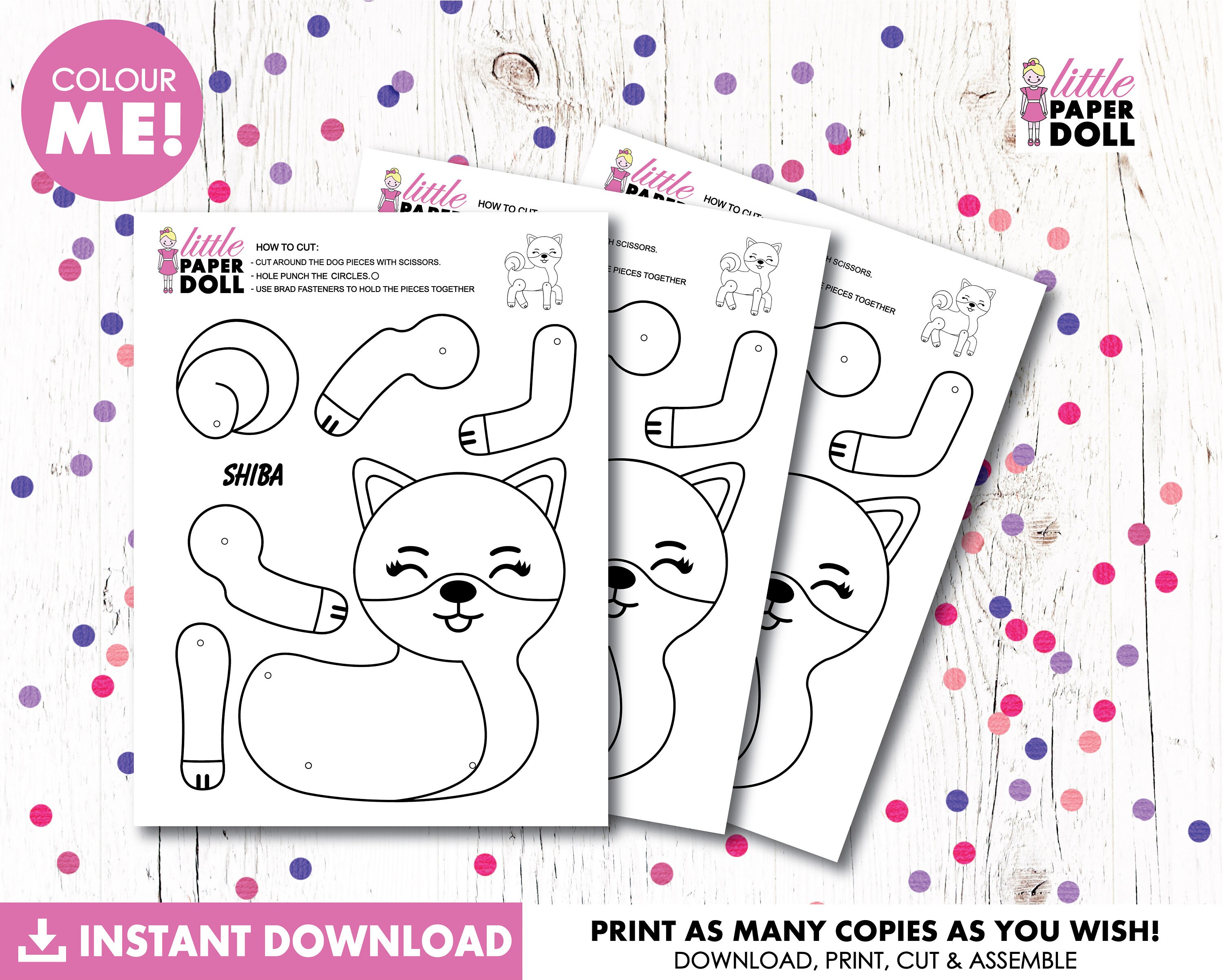 Dog paper doll instant download printable puppy dog coloring page dog birthday party activity kids puppy dog craft shiba dog pug dog