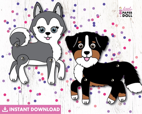 Dog paper doll instant download printable puppy dog coloring page dog birthday party activity husky dog bernese mountain dog