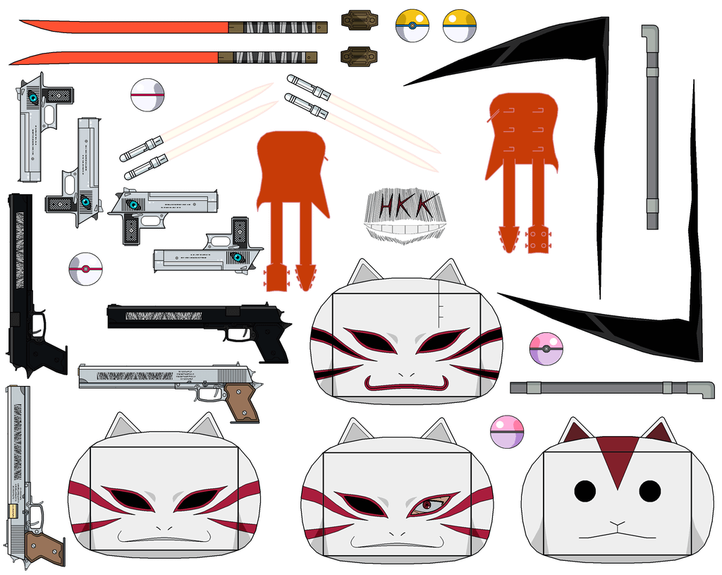 Swords and guns from anbu series pack paper toy free printable papercraft templates