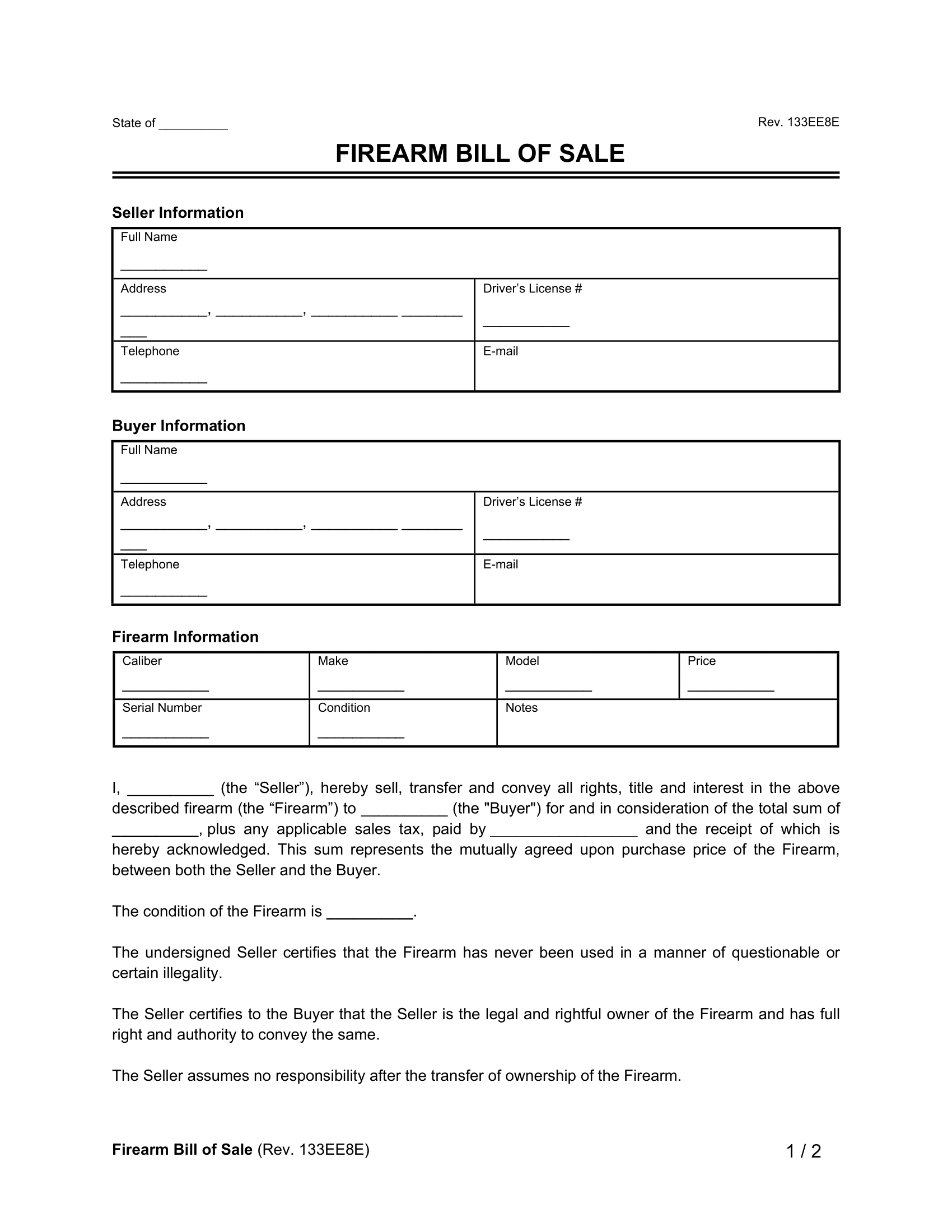 Firearm bill of sale form legal templates