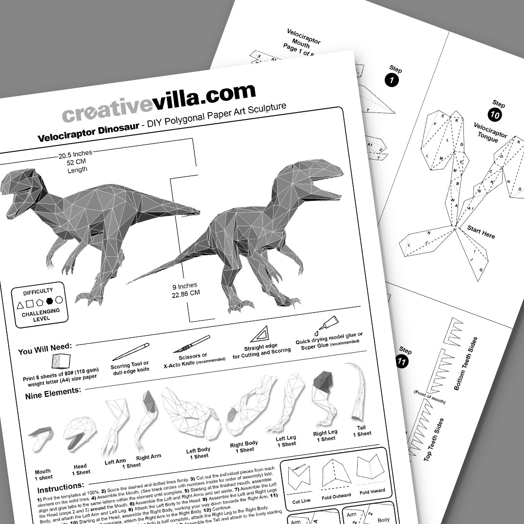 Velociraptor dinosaur diy low poly paper model template paper craft â