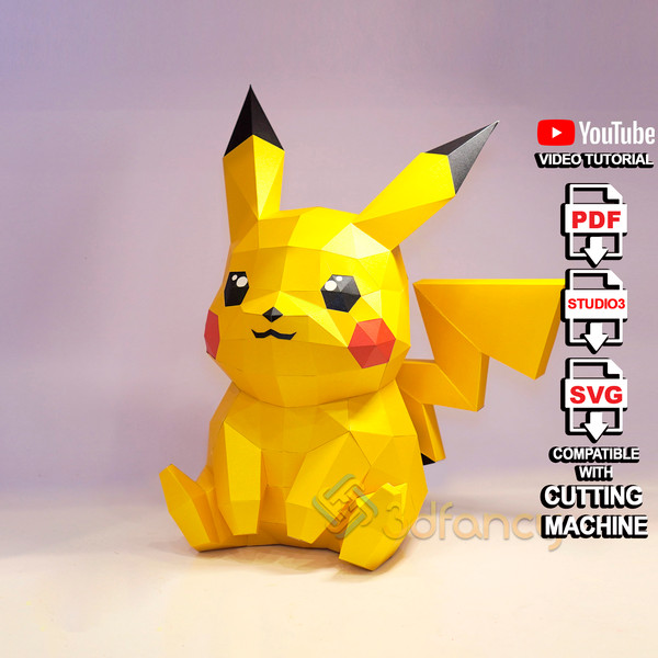 Low poly pikachu sit d papercraft pdf svg template