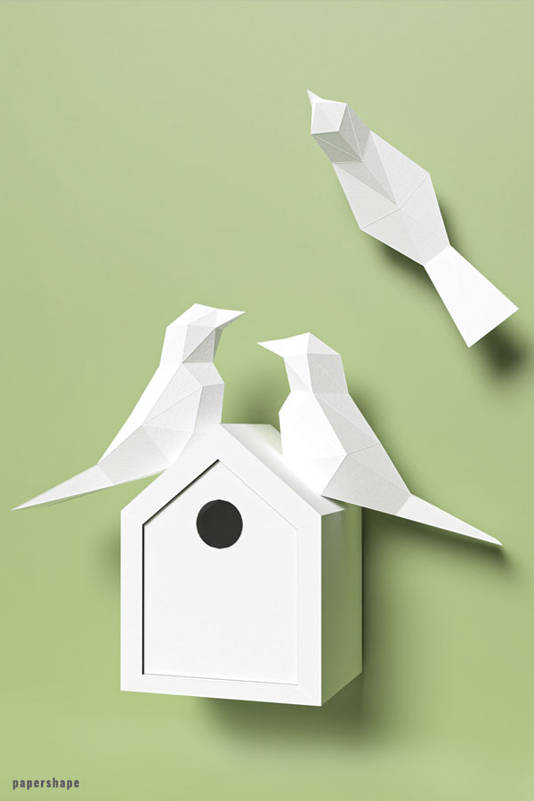 D papercraft bird house with low poly birds