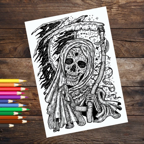 Grim reaper coloring page printable skull coloring sheet goth coloring book page halloween printable coloring book page