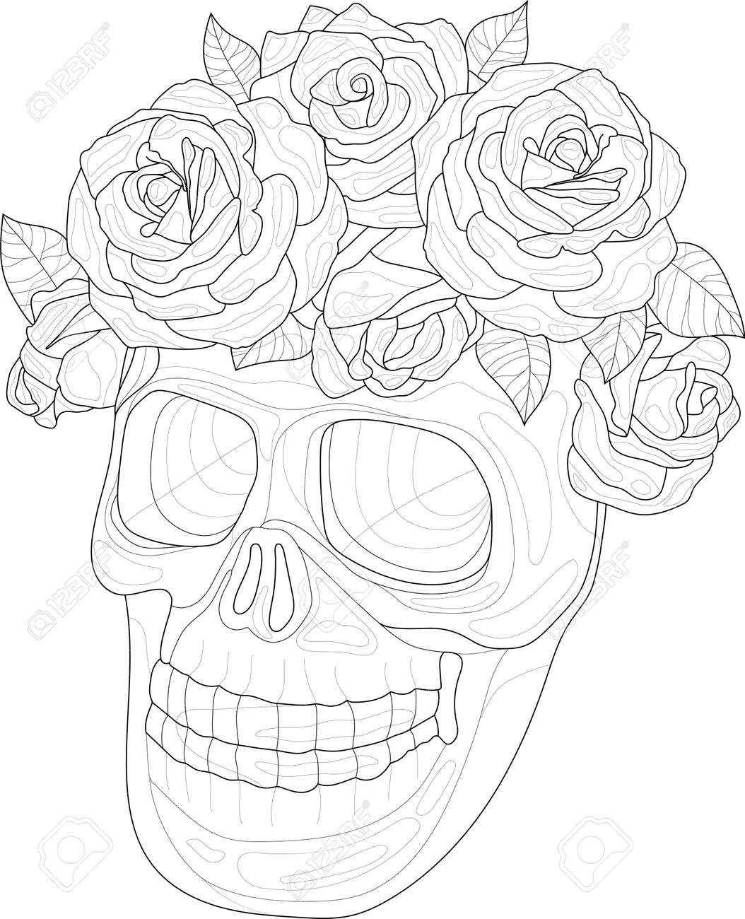 Realistic skull with rose peony flower crown sketch template cartoon graphic vector illustration for halloween in black and white for games background pattern decor coloring paper page book royalty free svg cliparts
