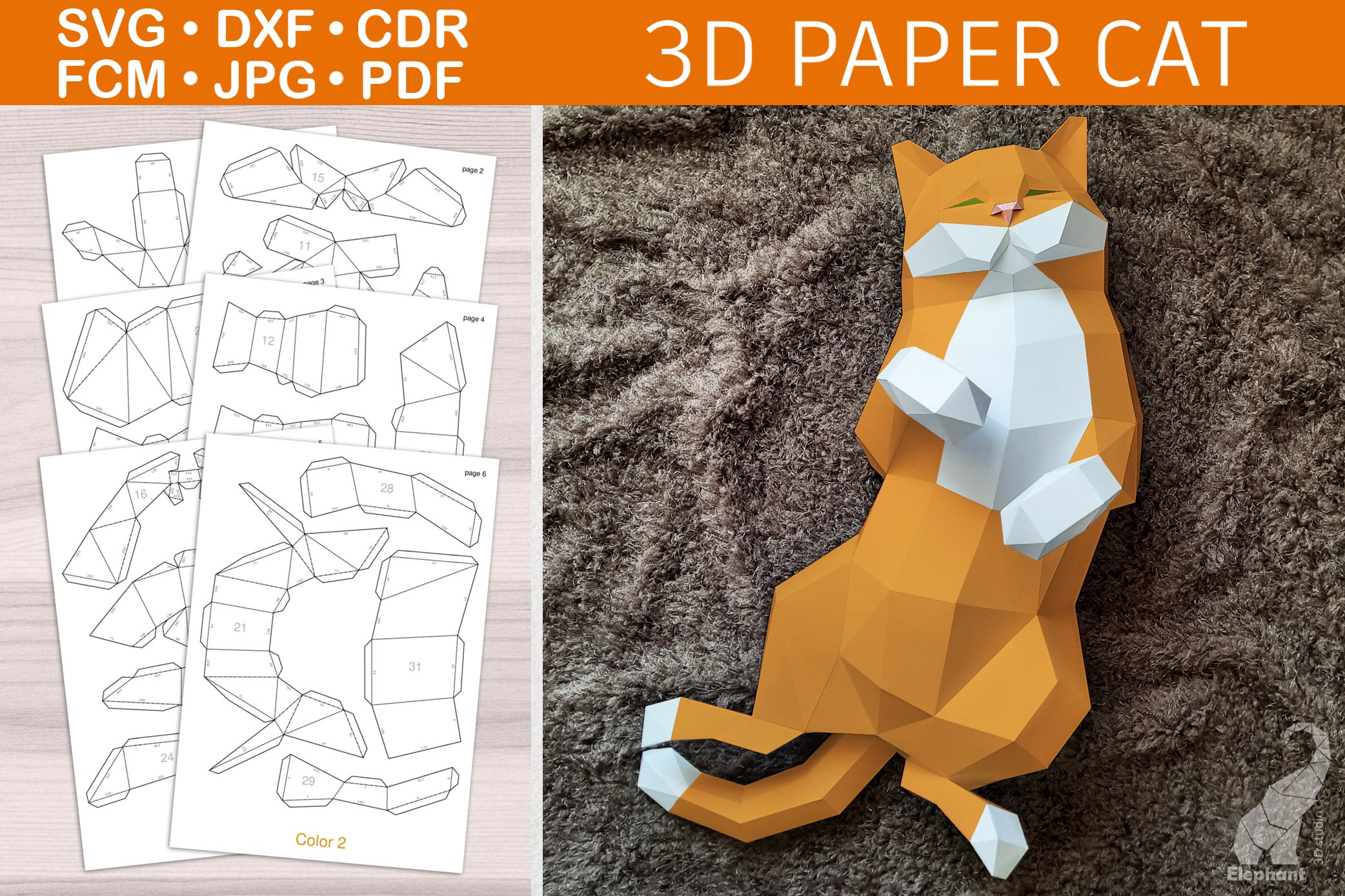 Low poly d paper craft cute cat template