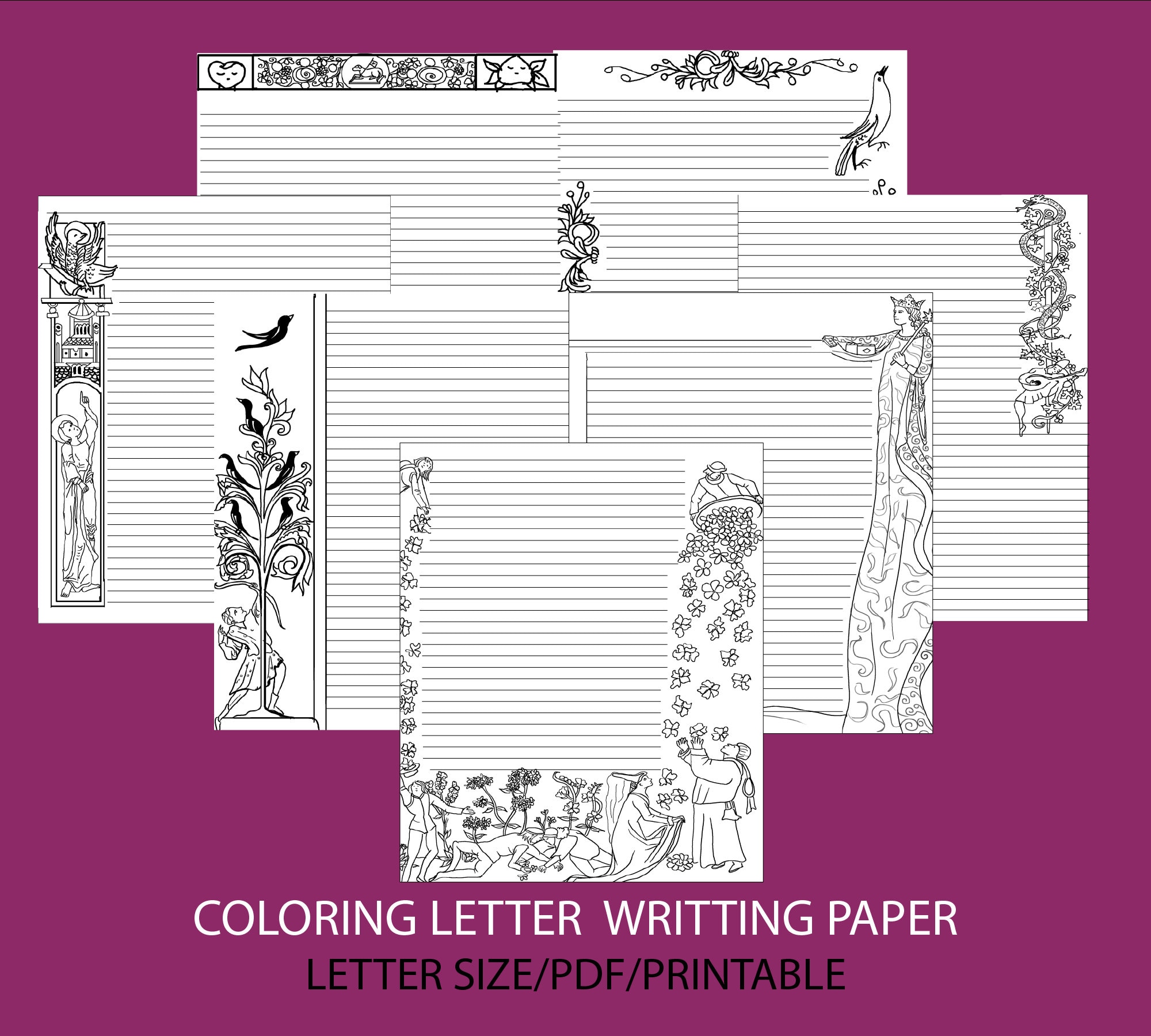 Coloring fantasy medieval letter writing paper printable floral lined stationery set adult coloring pages pdf digital download