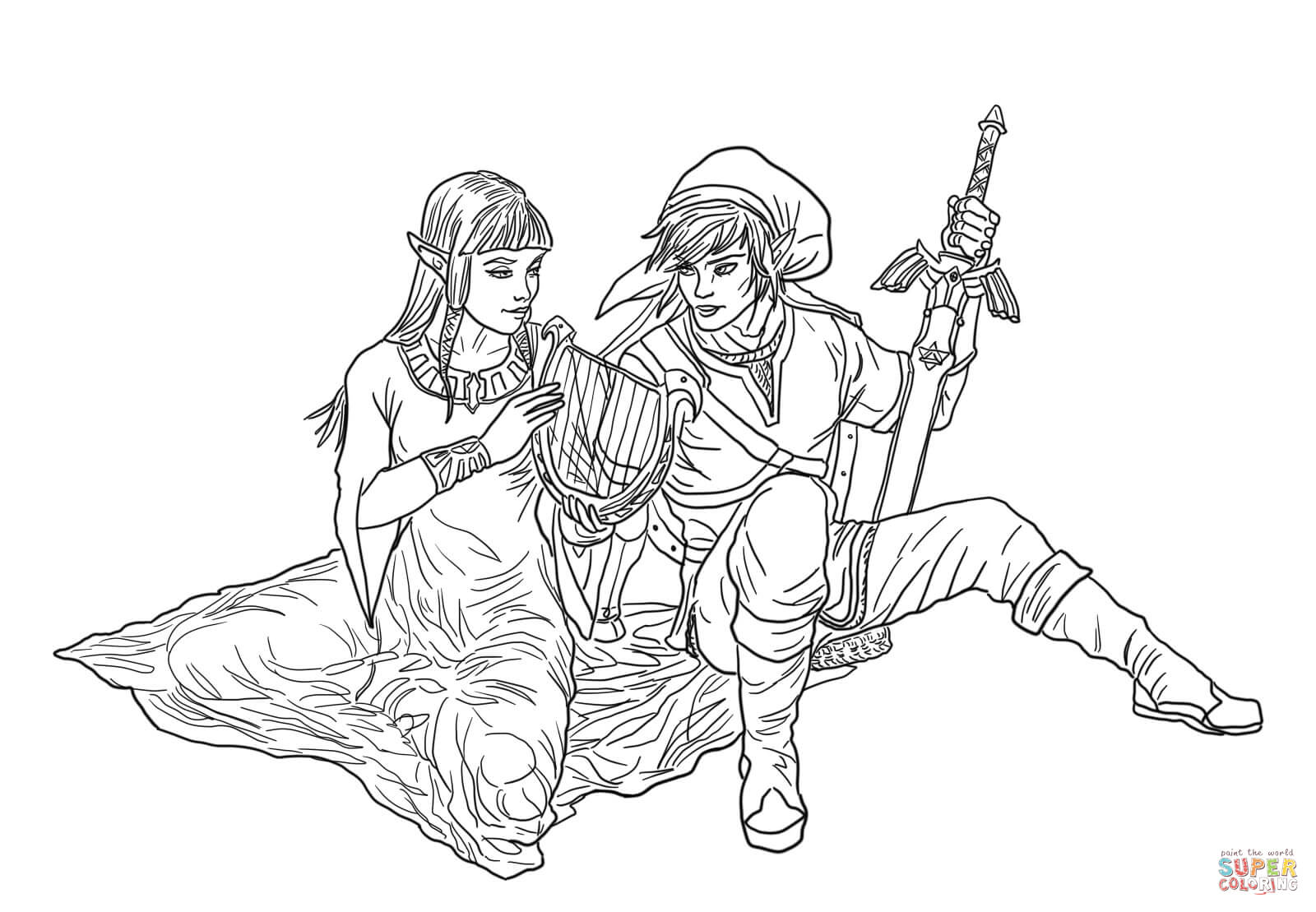 Link and zelda coloring page free printable coloring pages