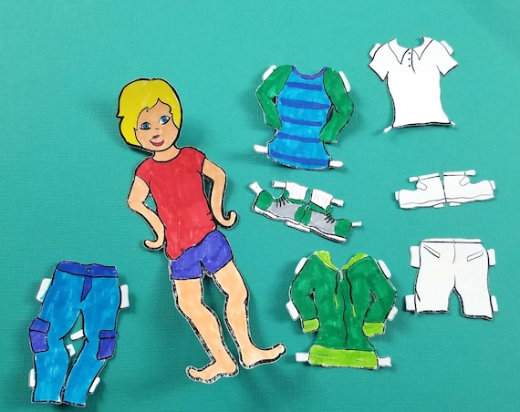 Printable paper dolls spring boy spring paper craft template and coloring pages for kids paper toy for boys pdf instant download