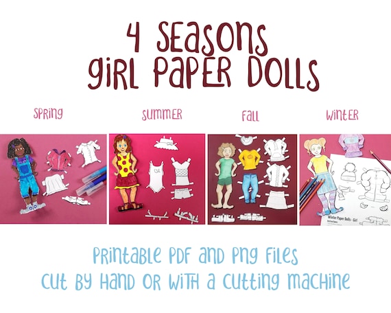 Printable paper dolls girl dress up dolls for four seasons paper toy craft template and coloring pages for kids pdf instant download