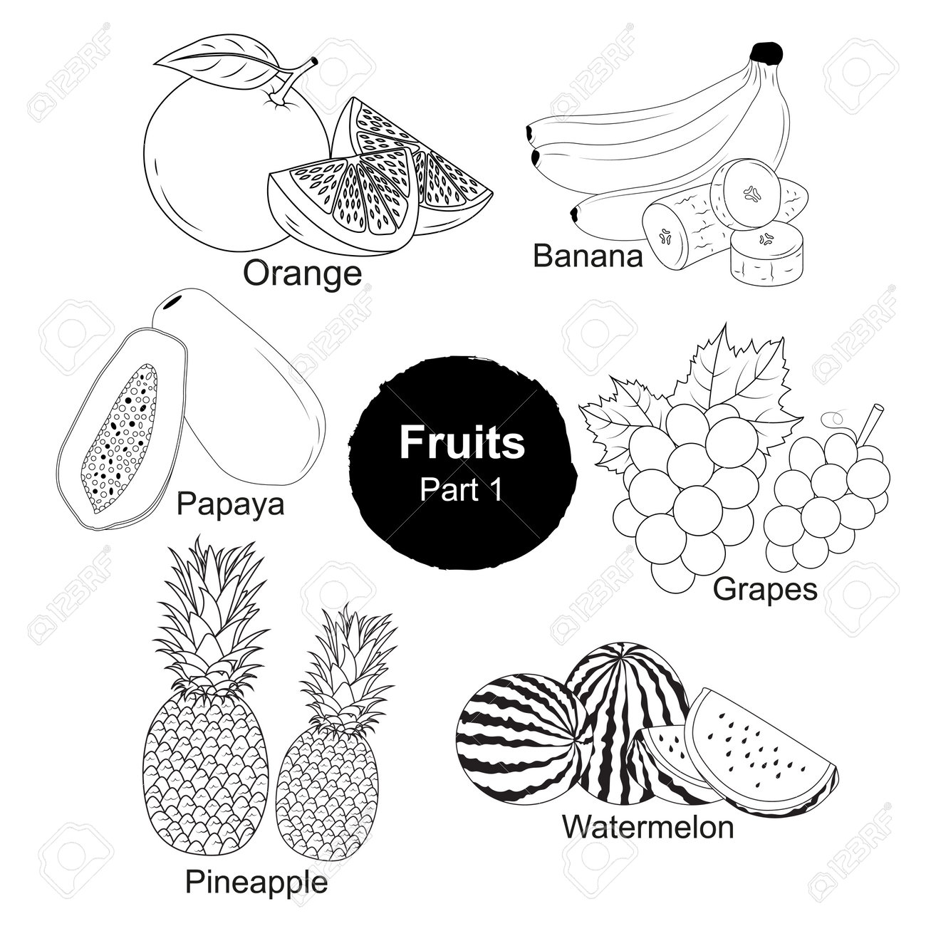 Fruits collection drawn with lines on white background for coloring book orangepapayagrapesbananawatermelon vector illustration royalty free svg cliparts vectors and stock illustration image