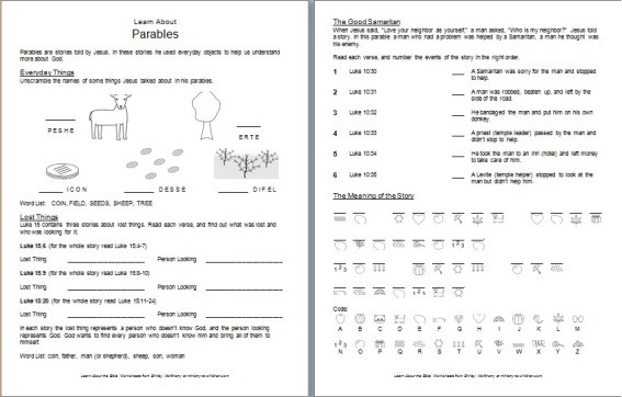Printable bible worksheet learn about jesus parables