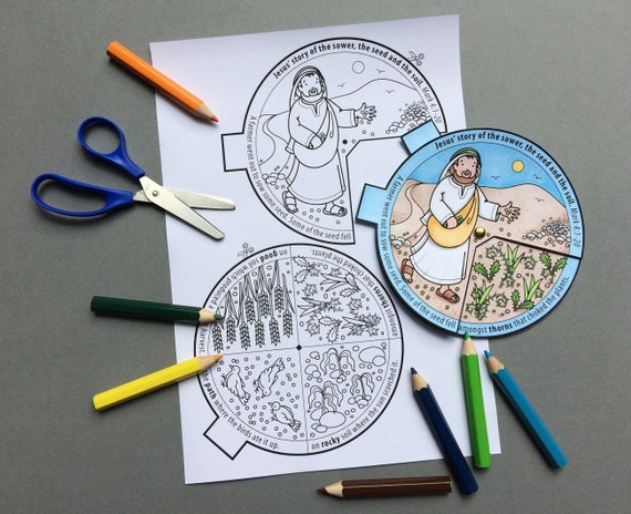 The parable of the sower and the soils colour in story wheel colouring page and word search based on the bible story from mark