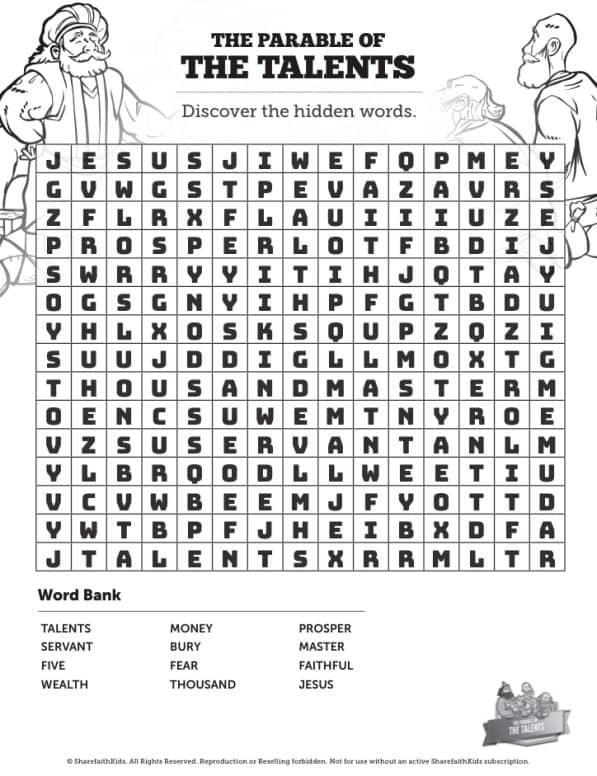 The parable of the talents bible word search puzzles â