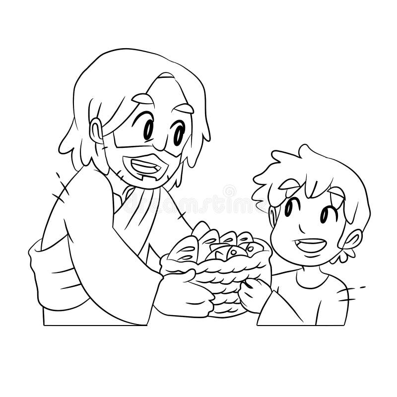 A vector cartoon of a boy giving a basket of fish and bread to jesus as told from the bible coloring page stock vector